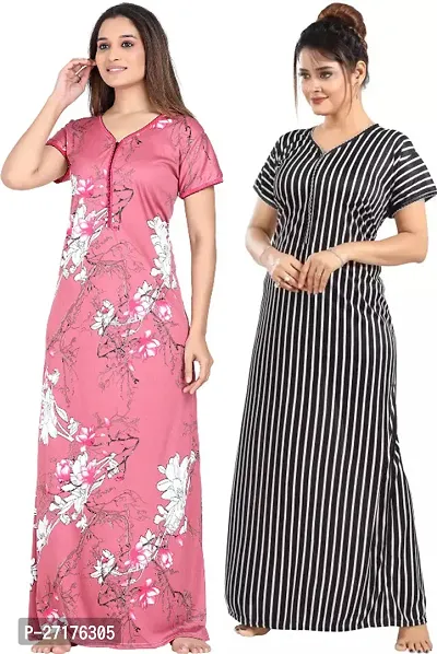 Stylish Multicoloured Satin Nighty For Women Pack Of 2