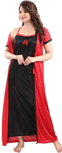 Elegant Red Satin Embroidered Nighty Set For Women-thumb3