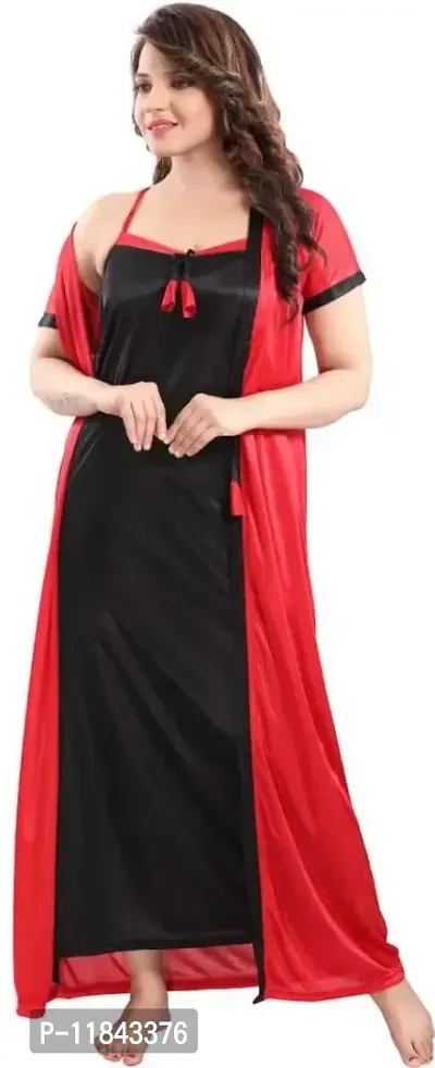 Elegant Red Satin Embroidered Nighty Set For Women-thumb4