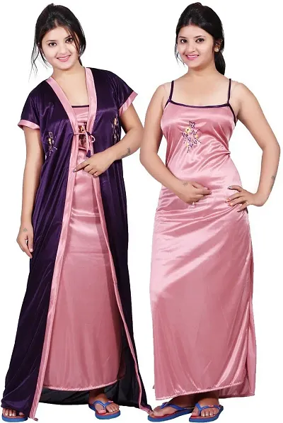 Fancy 2-IN-1 Satin Night Gowns With Robes