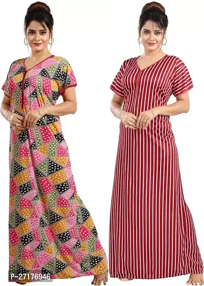 Stylish Multicoloured Satin Nighty For Women Pack Of 2