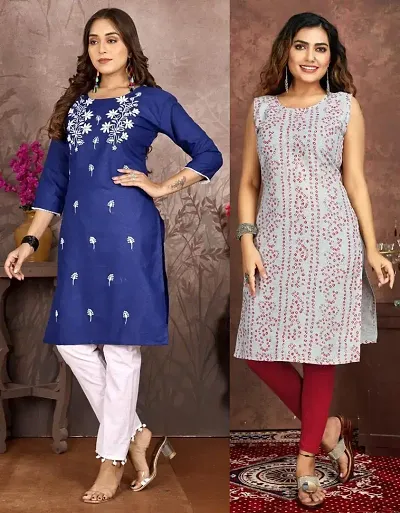 Stylish Cotton Blend Embroidered Straight Kurtis - Pack Of 2