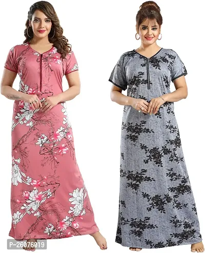 Stylish Multicoloured Satin Nighty For Women Pack Of 2