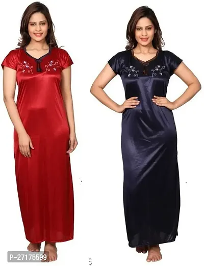 Stylish Multicoloured Satin Nighty For Women Pack Of 2