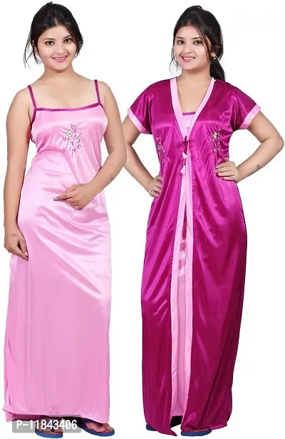 Elegant Pink Satin Solid Nighty Set For Women