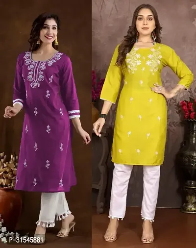 Trendy Multicoloured Embroidered Cotton Blend Kurta For Women Pack Of 2-thumb0