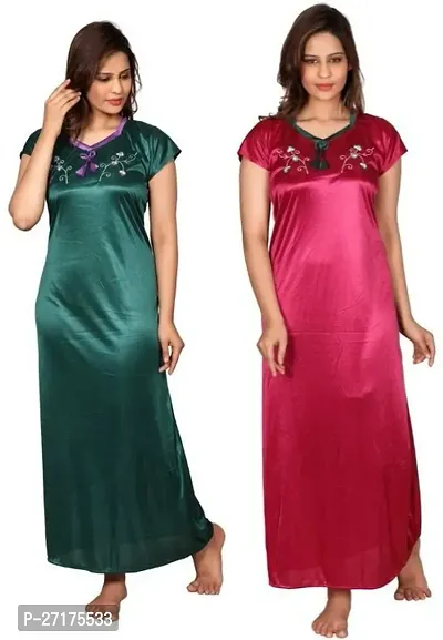 Stylish Multicoloured Satin Nighty For Women Pack Of 2-thumb0