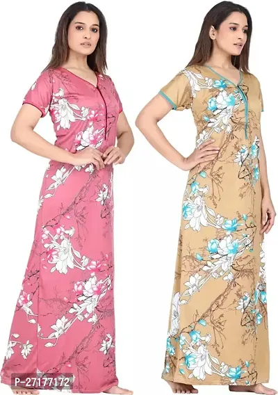 Stylish Multicoloured Satin Nighty For Women Pack Of 2