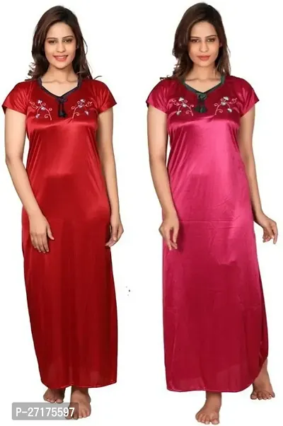 Stylish Multicoloured Satin Nighty For Women Pack Of 2