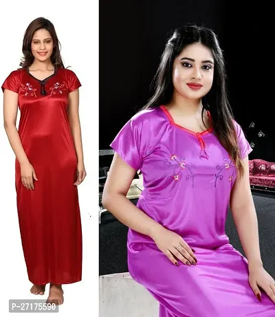 Stylish Multicoloured Satin Nighty For Women Pack Of 2