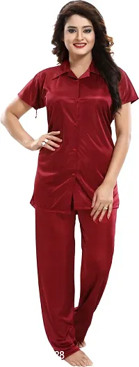 Classy Satin Solid Shirt and Pyjama Set For Women-thumb0