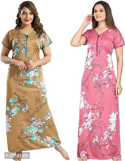 Stylish Multicoloured Satin Nighty For Women Pack Of 2