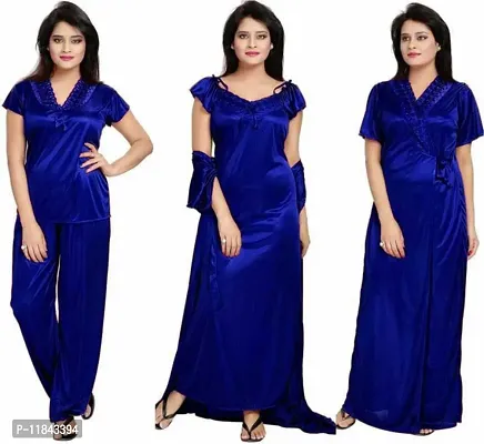 Elegant Blue Satin Solid Nighty Set For Women