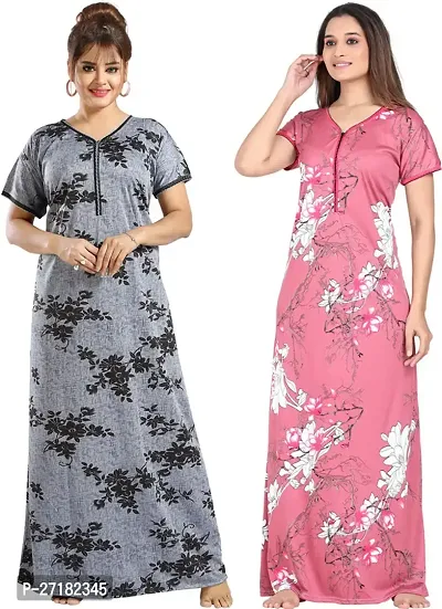 Stylish Multicoloured Satin Nighty For Women Pack Of 2