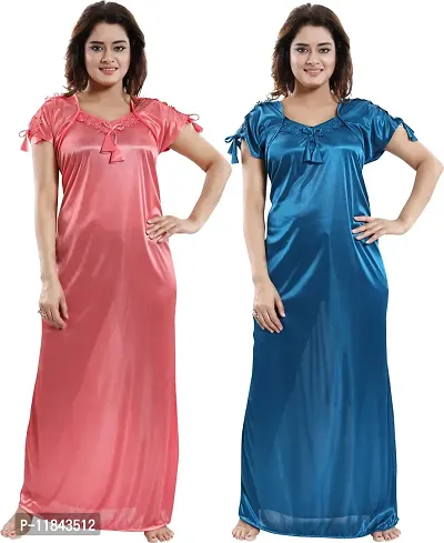 Elegant Multicoloured Satin Solid Nighty Set For Women Pack Of 2