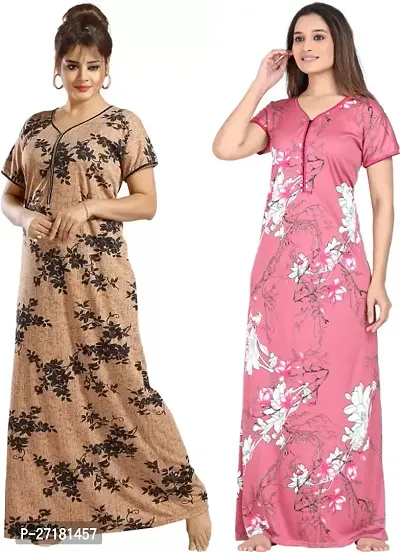 Stylish Multicoloured Satin Nighty For Women Pack Of 2