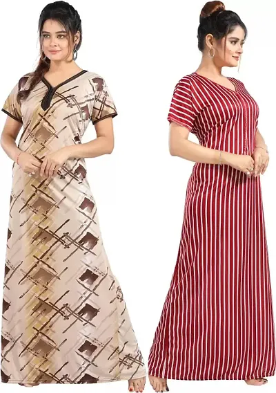 Pack Of 2 Satin Printed Nighty Combo For Women