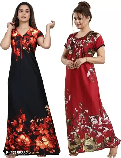 Stylish Multicoloured Satin Nighty For Women Pack Of 2