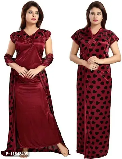 Elegant Maroon Satin Printed Nighty Set For Women