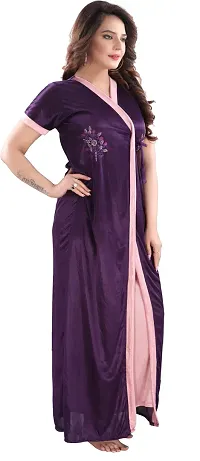 Elegant Purple Satin Embroidered Nighty Set For Women-thumb2