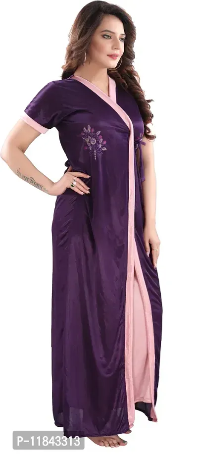 Elegant Purple Satin Embroidered Nighty Set For Women-thumb3