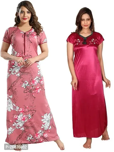 Stylish Multicoloured Satin Nighty For Women Pack Of 2-thumb0