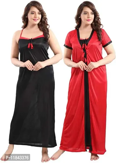 Elegant Red Satin Embroidered Nighty Set For Women