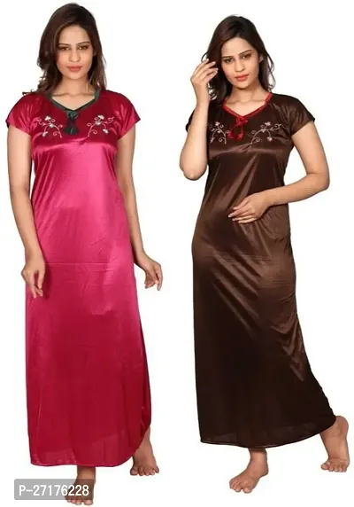 Stylish Multicoloured Satin Nighty For Women Pack Of 2