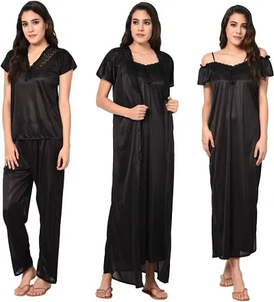Classy Satin Solid Nighty with Robe For Women(Set Of 4)