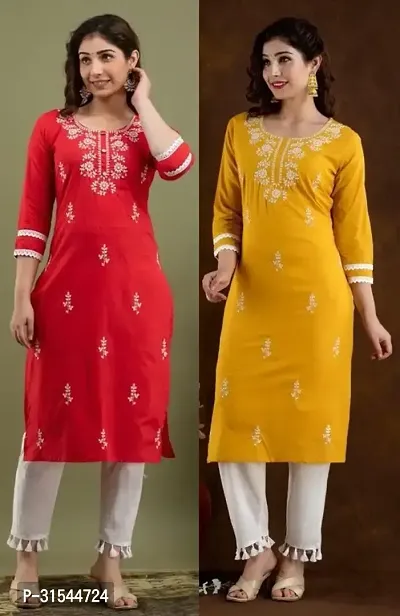 Trendy Multicoloured Embroidered Cotton Blend Kurta For Women Pack Of 2-thumb0