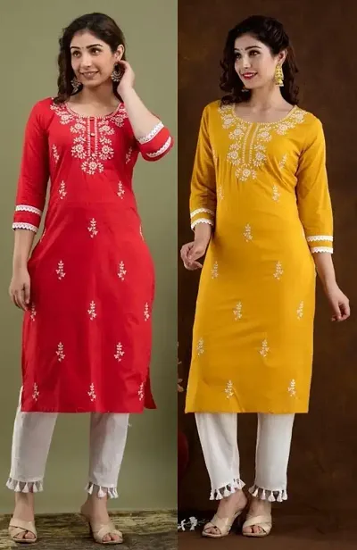 Stylish Cotton Blend Straight Embroidered Kurtis - Pack Of 2