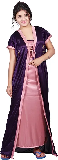 Elegant Multicoloured Satin Solid Nighty Set For Women-thumb3