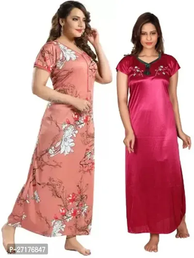 Stylish Multicoloured Satin Nighty For Women Pack Of 2