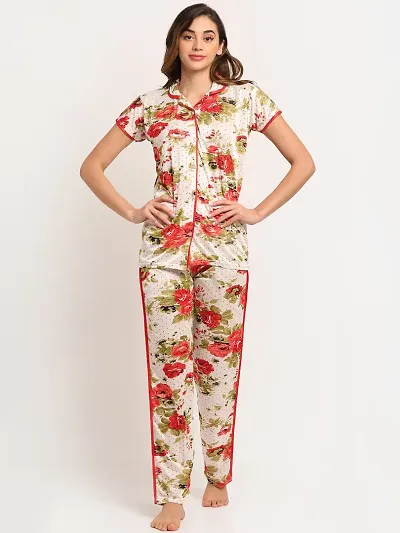 Floral Print Satin Night Shirt Pyjama Set For Women