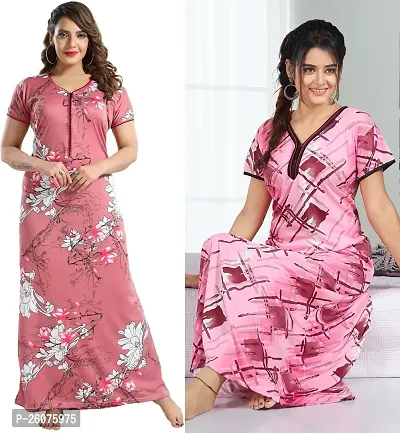 Stylish Multicoloured Satin Nighty For Women Pack Of 2