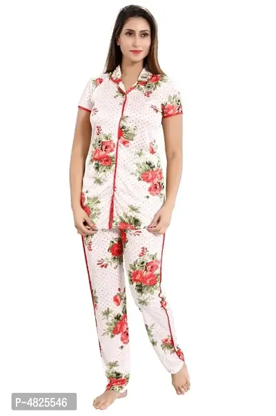 Nightsuits For Women/Fancy Floral Print Night Top Bottom Set in Satin