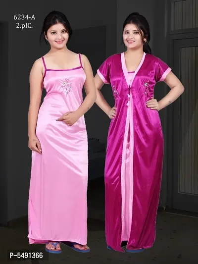 Pink Satin Embroidered Nightwear For Women-thumb0