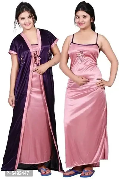 Stylish Pink Women Satin Solid Night Robe-thumb0