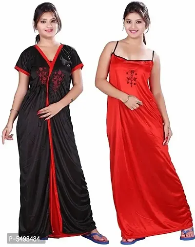 Red And Black Comfy 2-IN-1 Satin Night Dress Set