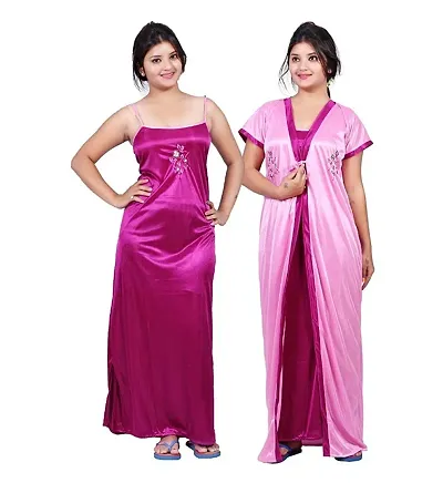 Stylish Satin Nighty With Robe For Women