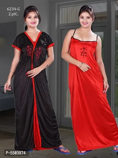 Red And Black Comfy Satin Night Dress Set With Robe For Women