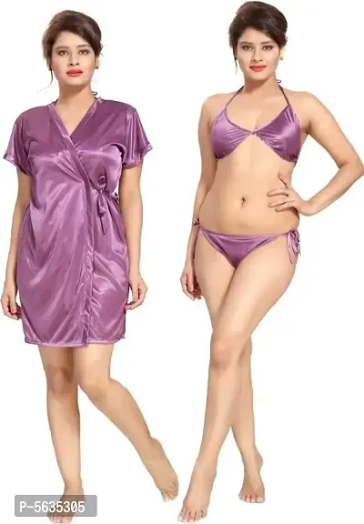 Fancy Magenta Satin Night Robe With Lingerie Set For Women