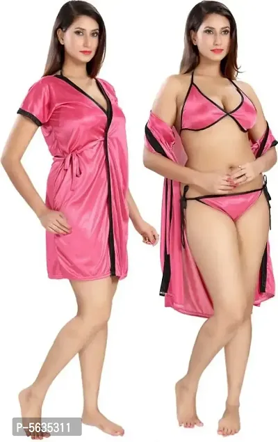 Fancy Pink Satin Night Robe With Lingerie Set For Women