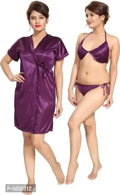Fancy Purple Satin Night Robe With Lingerie Set For Women