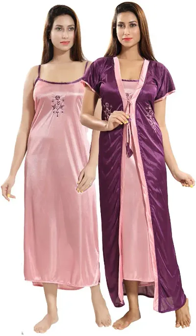 Satin Solid 2-IN-1 Night Gown With Robe