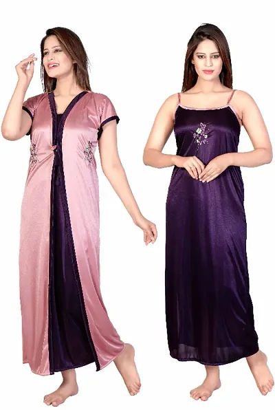 Alluring Solid 2-IN-1 Satin Night Gown With Robe