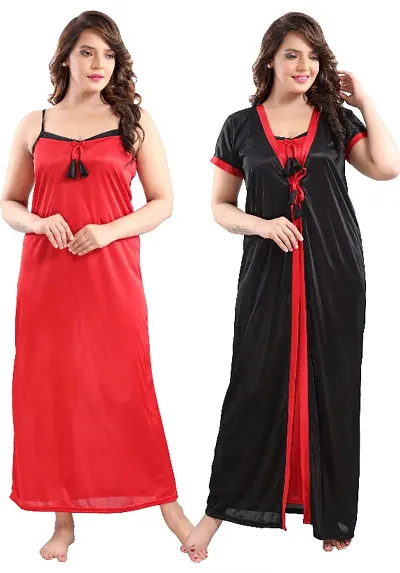 Satin Solid 2-IN-1 Night Gown With Robe