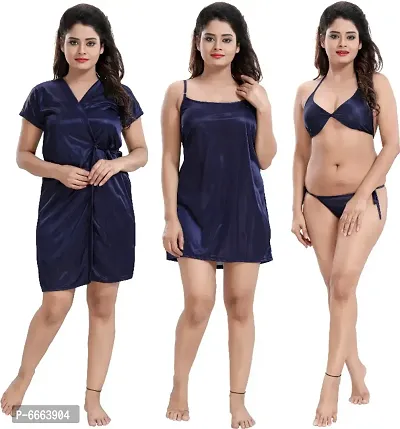 Classy Satin Solid Nighty with Robe For Women Pack Of 4