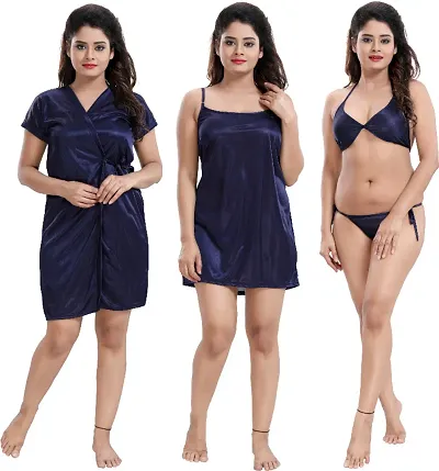 Satin Solid 4-pcs Nightwear Set(Robe, Night Dress, Lingerie Set)