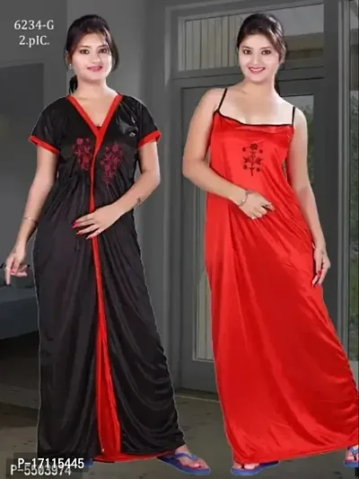 Women Satin Embroidery Design Nightwear 2 Pcs Set Of Nighty